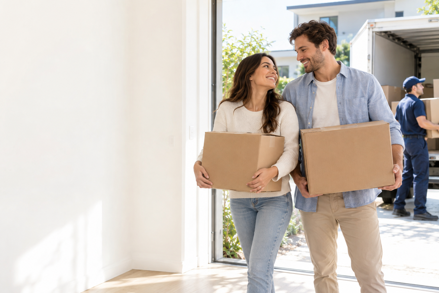 Happy couple welcoming professional movers with boxes at their new home
